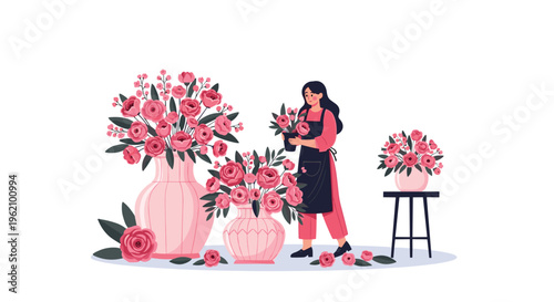 Talented young female florist wearing an apron while arranging beautiful pink rose bouquets in various ceramic vases in her shop.