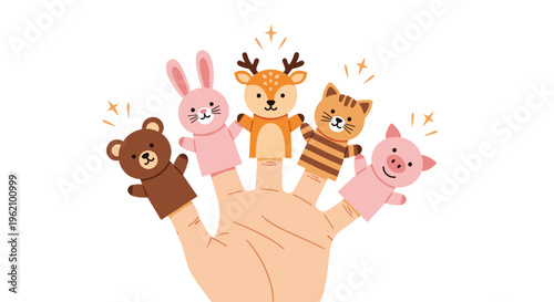 Child's hand with five cute animal finger puppets representing a bear, rabbit, deer, cat, and pig for fun storytelling and play.