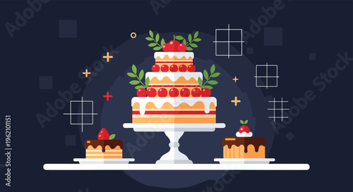 Beautiful three tier celebration cake decorated with red cherries and green leaves served alongside two smaller chocolate cakes.
