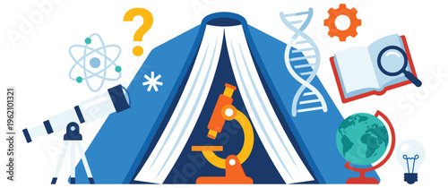 Scientific research concepts with colorful flat icons and large book.