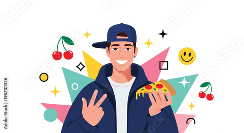 Cheerful young man wearing a cap and hoodie making a peace sign while holding a slice of pepperoni pizza against a retro background.