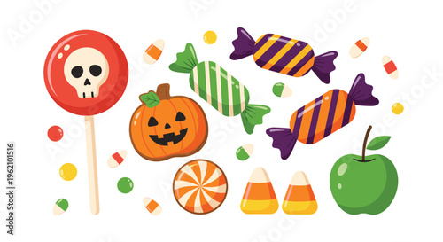 Collection of sweet halloween treats including a skull lollipop, pumpkin candy, striped sweets, corn candy, and a green apple.
