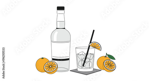 Simple illustration of a bottle of clear spirit or vodka next to a cocktail glass with ice, a straw, and fresh oranges on the side.