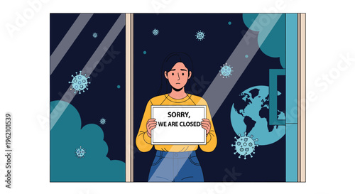 Worried young woman standing behind a window and holding a sorry we are closed sign during a global pandemic with virus icons outside.