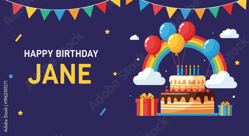 Colorful birthday banner for Jane featuring a multi-layered cake with candles, balloons, gift boxes, a rainbow, and festive bunting.
