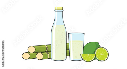 Refreshing sugarcane juice served in a bottle and glass with stalks of sugarcane and fresh lime slices on a white background.