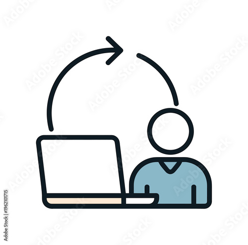 Work session continuation and maintaining smooth task flow while handling routine office responsibilities, a simple directional workflow arrow combined with a small laptop icon