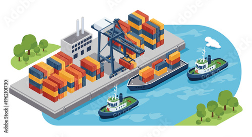 Isometric view of a busy industrial shipping port with cargo containers, large cranes, industrial buildings, and tugboats on the water.