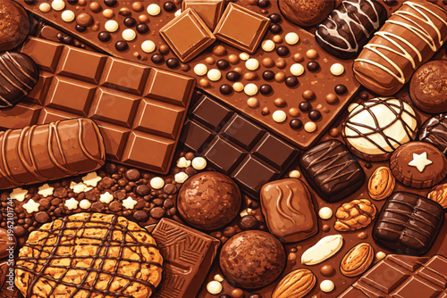 A delicious closeup of dark and milk chocolate bars with nuts and aromatic cocoa beans isolated on a brown background