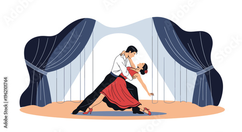 Professional couple dancing the passionate tango on a stage with dramatic dark blue curtains and spotlight illumination.