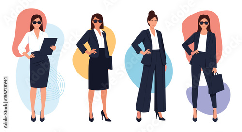 Group of confident businesswomen standing in professional office attire including skirts and trouser suits with accessories for work.