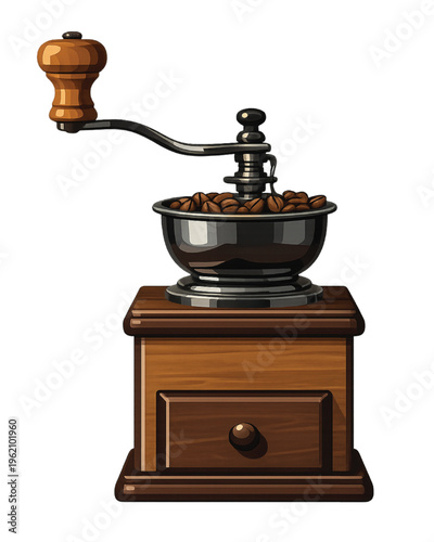 Antique wooden coffee grinder with a metal handle and brown beans isolated on white background for vintage cafe kitchen decor