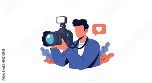 Professional male photographer using a digital camera with a large lens and flash to capture high quality photos for social media.