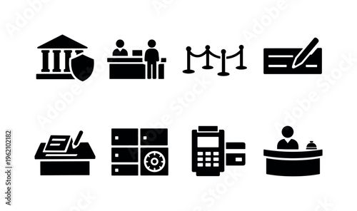 Bank infrastructure and services: bank building with shield, service counter, queue barrier, check processing, document desk, safe deposit boxes, card terminal, reception area