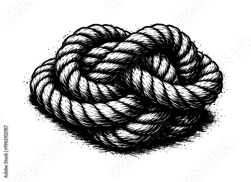 Tightly coiled rope knot shown in a three-quarter perspective with thick strands looping over and under each other, enlarged to dominate the frame and isolated