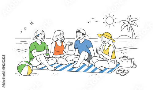 A coastal recreation context where people spend time outdoors enjoying beachside activities and social interaction in a relaxed environment, illustrated by a small group