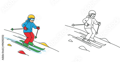 Little boy skiing downhill on a snowy slope illustration set with a colored version and a black and white line art outline for coloring book pages or winter sports activities for kids.