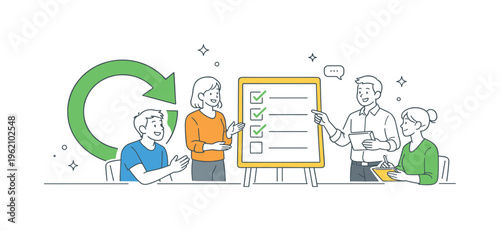 Team organizing shared priorities after rapid project changes and restoring structured focus together during a calm realignment meeting in a modern office