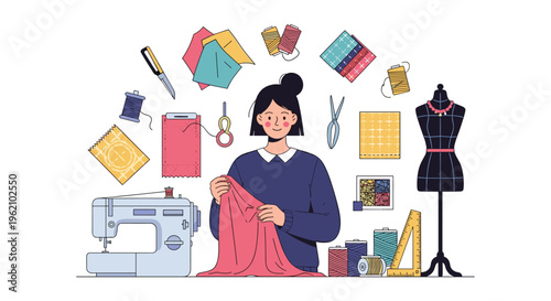 Creative female fashion designer working in her workshop surrounded by a sewing machine mannequin fabric samples and tailoring tools.