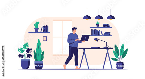 Young man using a laptop while walking in a modern home office filled with houseplants books and stylish interior decorations.