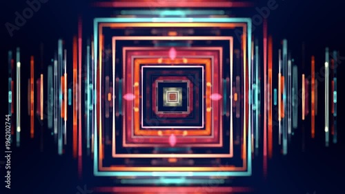 Neon square tunnel symmetry glowing lines abstract background loop video