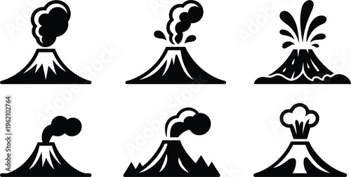 Volcano eruption vector set with lava explosion and smoke, natural disaster icons for geology and hazard design