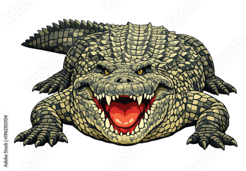 A dangerous green crocodile predator with an open mouth and sharp teeth is a wild aquatic reptile isolated on a white background, showcasing its tropical carnivore skin and powerful head