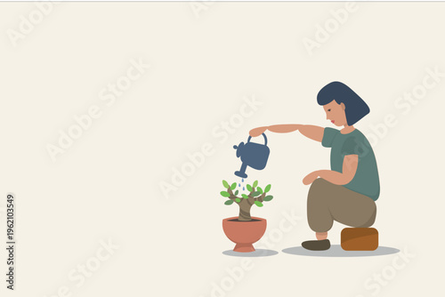 Woman watering small plant growth illustration. Minimal flat illustration of a woman kneeling and watering a small potted plant, symbolizing care, growth, nurturing habits, and personal development.