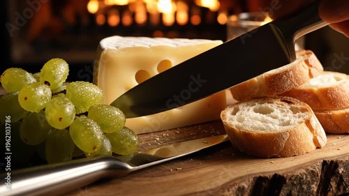 Gourmet cheese board with grapes, bread, fireplace and candlelight