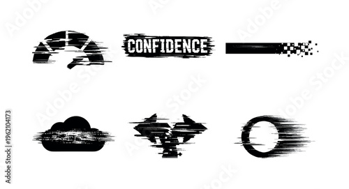 Theme: artificial intelligence confidence scores and uncertainty estimation  a set of 5 glitch-distorted monochrome objects placed on a perfectly clean white