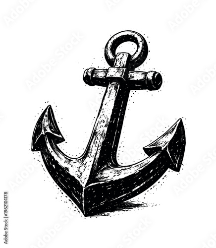 A weathered anchor shown in three-quarter perspective, enlarged to dominate the frame and isolated on a perfectly clean white background, its heavy shank and