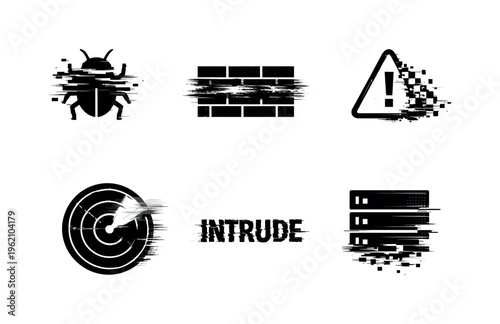Cyber attack and intrusion detection concept  a set of five glitch-distorted monochrome symbols floating separately on a perfectly clean white background, each
