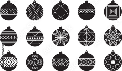 Black and white Christmas ornaments with various patterns isolated