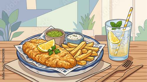 A plate of fish and chips with a side of tartar sauce sits on a table next to a refreshing drink with lemon slices