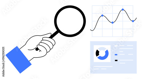 Data analysis concept. Data visuals with chart, magnifying glass, and analytics dashboard. Data interpretation for business growth, decision-making, and performance tracking. For finance, marketing