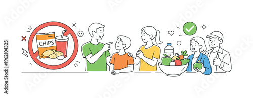 A community initiative encouraging balanced nutrition and limiting processed food intake in everyday life, illustrated through a simple snack item paired with a prohibition symbol