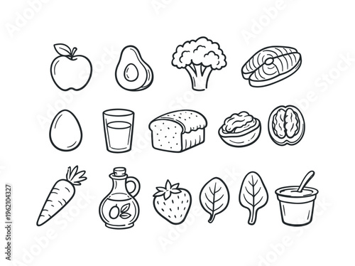 Hand-drawn outline icon set of thirteen food and nutrition icons on white canvas: apple, avocado, broccoli, salmon fillet, egg, glass of water, whole grain