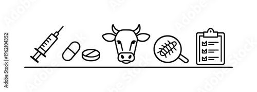 Veterinary deworming protocol and parasite control for livestock health maintenance and disease prevention in agricultural environments, syringe, pill tablet, cow head, parasite