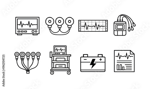 Electrocardiology diagnostics: ecg monitor, electrode pads, heart waveform strip, holter device, chest leads, medical trolley, battery pack, diagnostic report sheet