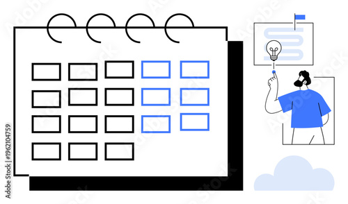 Task planning, schedule management, brainstorming, productivity, organization, workflow planning, creativity. Spiral calendar and person pointing at an idea icon. Task planning and schedule