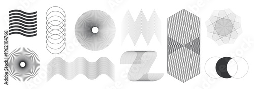 Brutalist geometric shape collection. Minimalist abstract set with yellow accents, wavy lines, arrows, and Memphis design elements. Vector graphic assets for modern posters, covers, and hipster interi