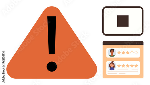 Website security, customer feedback, caution, online reviews, rating systems, error alerts. Bold exclamation mark and user ratings on a browser window. Website security and customer feedback concepts