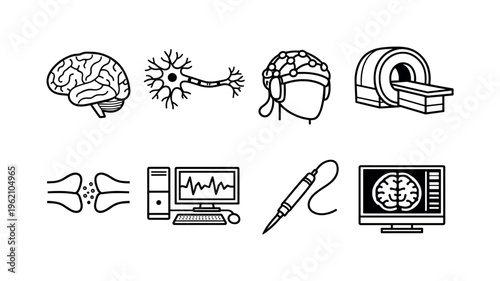 Neuroscience research tools: brain diagram, neuron cell, eeg headset, mri scanner, synapse connection, lab computer analysis, electrode probe, brain scan monitor