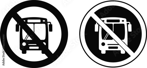 No bus sign vector set with prohibition symbols, public transport restriction icons for traffic safety design