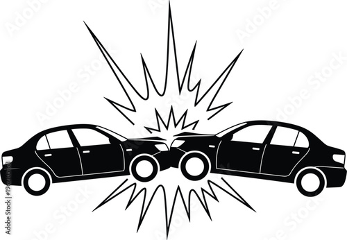Car crash collision vector illustration with two vehicles impact, accident damage concept for insurance and safety design