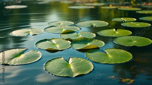 White water lilies blooming on a calm pond surrounded by green leaves and natural reflections