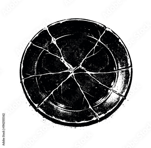 A cracked ceramic plate shown in direct frontal view, centered so the circular dish fills most of the frame, creating a bold, simple silhouette disrupted by