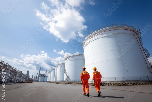 Workers in safety gear inspect large industrial storage tanks under a bright blue sky.