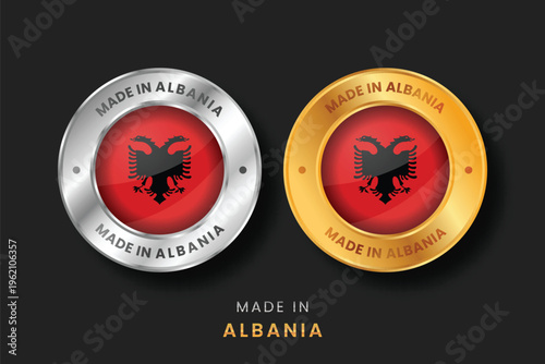 Glossy metallic gold and silver badges with the eagle flag of Albania. Vector seal for Albanian products, export quality, and national manufacturing origin for international trade.