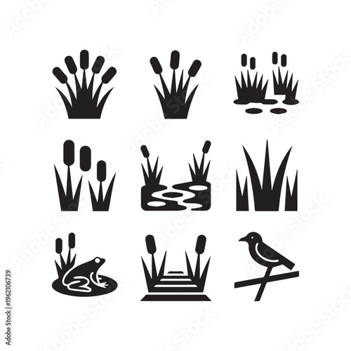 Black Marsh Silhouette Vector Icons Featuring Cattails Frog Heron And Pond Scenery.